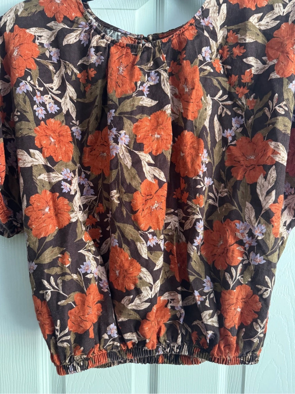 Haute Hippie Style 100% Linen Floral Blouse Women’s M Red Brown Boho Top - Picture 3 of 9